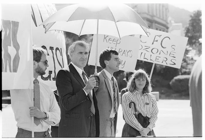 Environment Minister, Geoffrey Palmer, at the Royal Forest and Bird Protection Society Save the Ozone rally, Parliament grounds, Wellington - Photograph taken by Jon Hargest