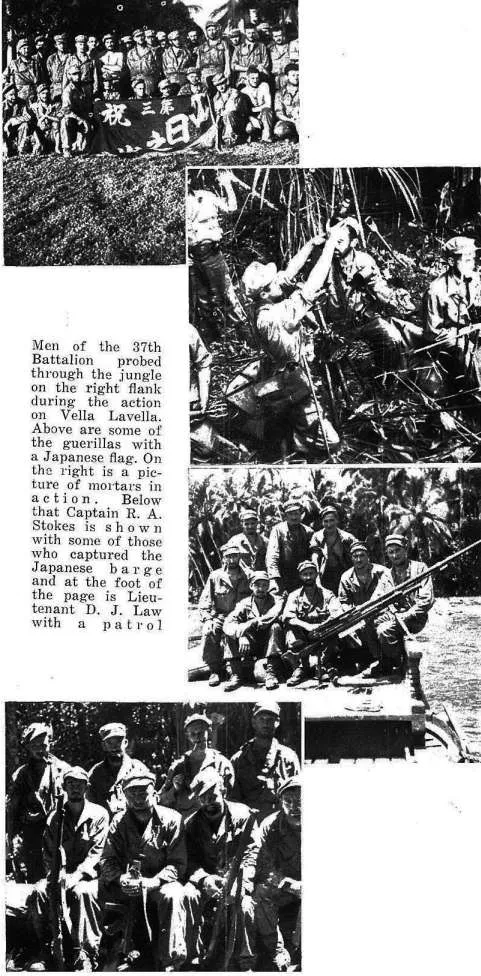 Men of the 37th Battalion probed through the jungle on the right flank during the action on Vella Lavella. Above are some of the guerillas with a Japanese flag. On the right is a picture of mortars in action. Below that Captain R. A. Stokes is shown wi...