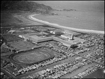 Image: Aerial view of Rongotai, Wellington, including buildings for the New Zealand Centennial Exhibition
