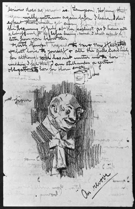 Goldie, Charles Frederick 1870-1947 :[Self portrait sketch] Serious does as serious is ... Au revoir. [1898?]