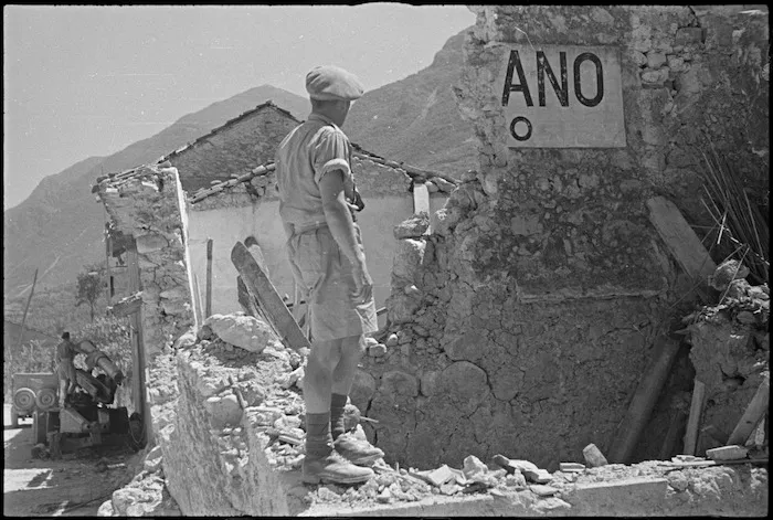 Sign indicating Balsorano village, Italy, almost destroyed during World War II - Photograph taken by George Kaye