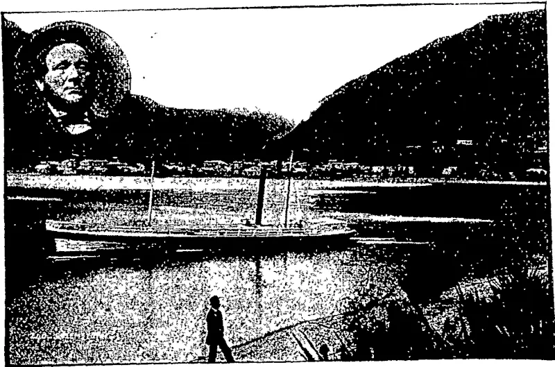 The small steamer in the foreground is the Victoria, which was brought from Melbourne in 1857 by Captain David Curie, and which now plies on Lake Wakatipu, the town in the background being Queenstown. Captain Curie's bust is shown in tha corner of the picture. (Otago Witness, 31 March 1898)