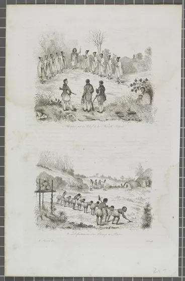 Image: 1. Réception par un chef de la Nouvelle-Zélande. Alp. Boilly s. 2. Défrichement d’un champ de patates. Alp. Boilly s. de Sainson del. Voyage [Pittoresque]