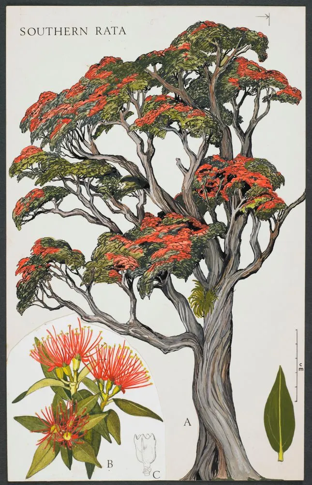Watercolour illustration of southern rata (Metrosideros umbellata), Plate 6 in 'New Zealand Native Trees'.