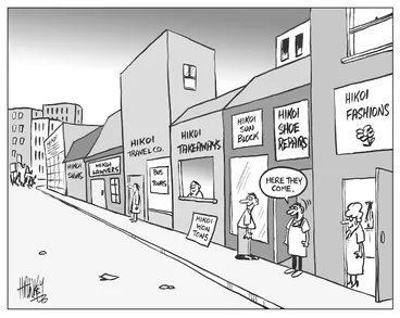 Image: Hikoi signs, Hikoi lawyers, Hikoi Travel Co., Hikoi takeaways, Hikoi sun block, Hikoi shoe repairs, Hikoi fashions. "Here they come." 5 May, 2004.