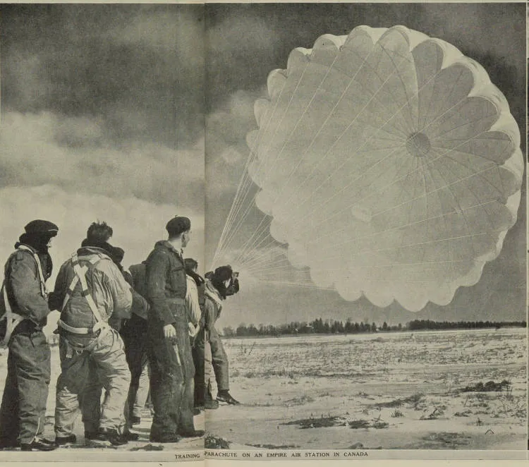 Training with a parachute on an Empire air station in Canada
