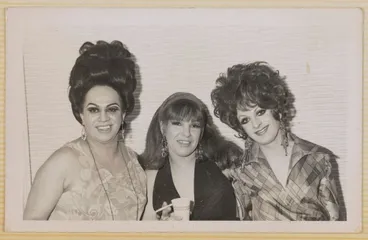 Image: Johnny Croskery, Carmen Rupe and another drag performer. From Johnny Croskery’s photograph album 1960-1980