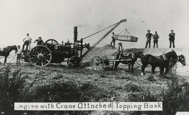 Image: Te Awa Kairangi / Hutt River, 1902; traction engine with crane, topping the stop-bank.