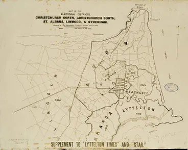 Image: Map of the electoral districts, Christchurch North, Christchurch South, St. Albans, Linwood, and Sydenham as defined by the Representation Commission from the census of 1886