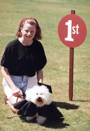Image: Moggy Dog Show; "best fancy hat" winner with owner Gina Stewart