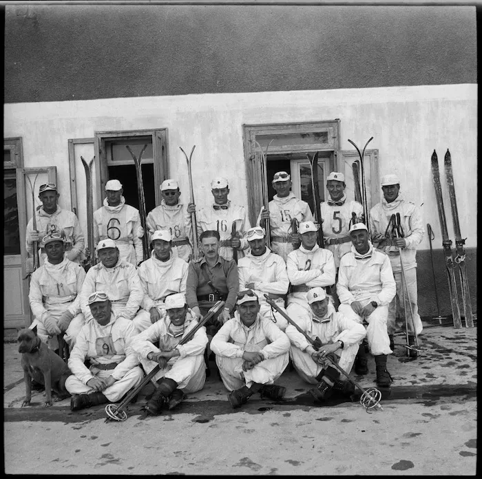 Group of NZ and English officers on ski course at the Ninth Army Ski School, Lebanon - Photograph taken by M D Elias