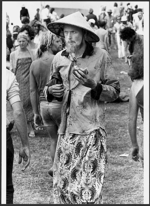 Man attending a Nambassa festival, at Golden Valley, near Waihi, Hauraki
