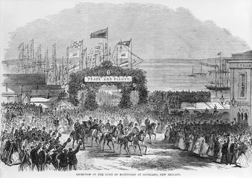 Image: Photograph of a wood engraving depicting The Duke of Edinburgh's Royal Tour, Auckland