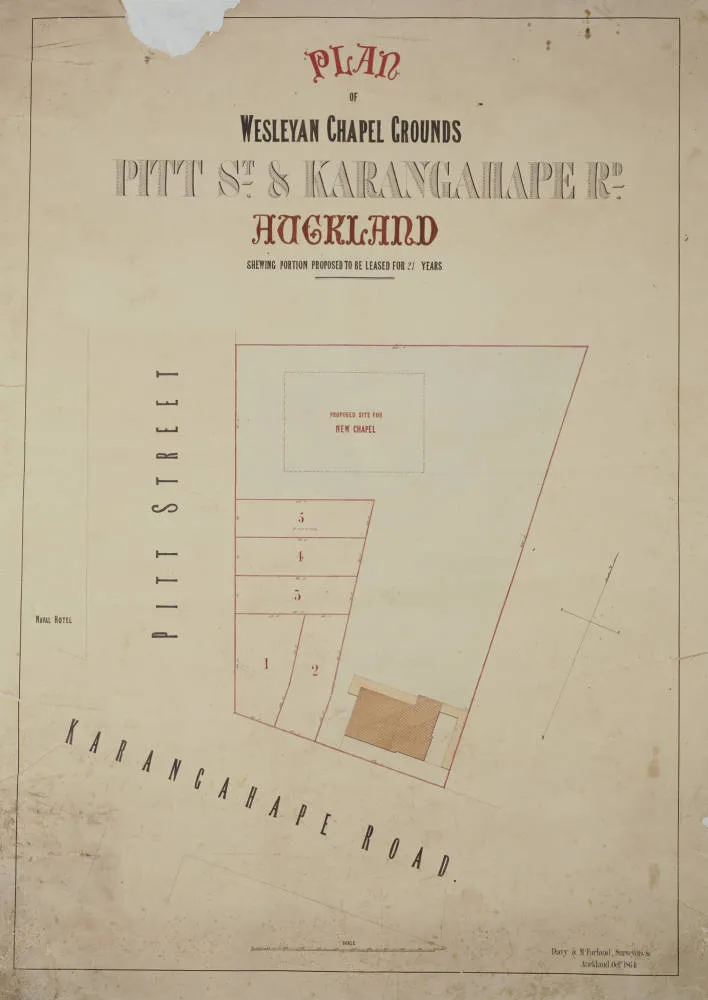 Plan of Wesleyan chapel grounds Pitt St. & Karangahape Rd. Auckland, showing portion proposed to be leased for 21 years