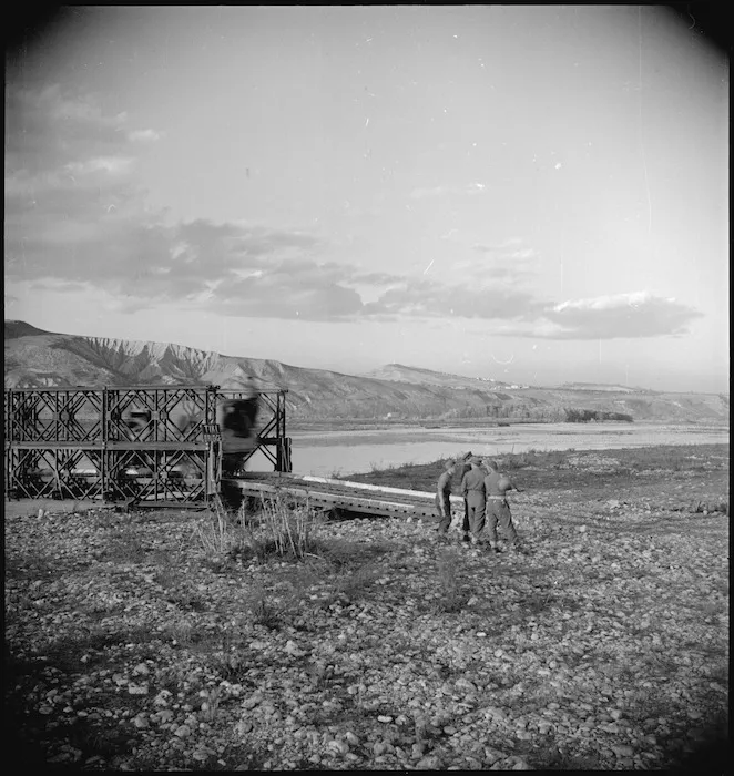 General view of width of the Sangro River, Italy, showing the end of Tiki Bridge, World War II - Photograph taken by George Kaye