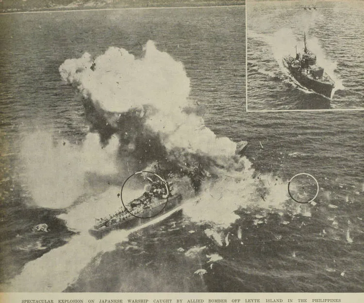 Spectacular explosion on Japanese warship caught by Allied bomber off Leyte Island in the Philippines