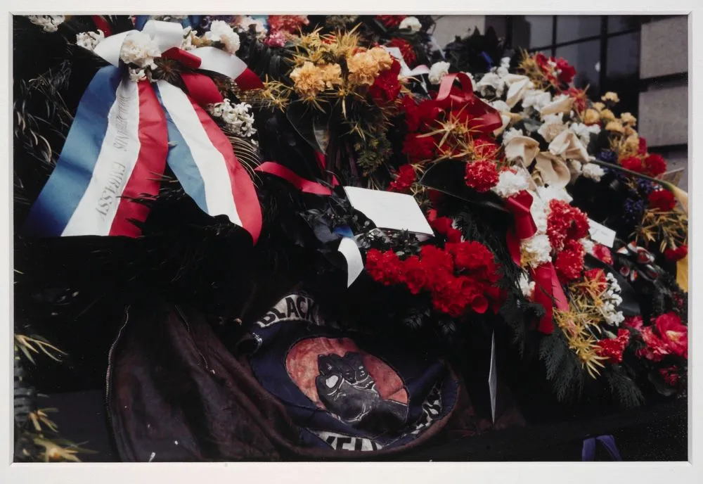 Denis O'Reilly's Black Power jacket and wreaths in Norman Kirk's funeral cortège