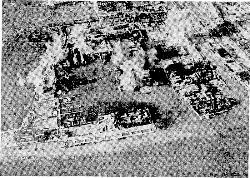 Smoke rising from bombs as they exploded on the docks and ivarehouses of Surabaya as carrier-based aircraft smashed this Japanese-held naval base in Java. British, Australian, French, and Dutch units participated in the attack, ivhich destroyed ten enemy ships as ivell as many important dock■ ! ' ' – , tide, installations and a number of. enemy- aircraft., ~ ' . .• (Evening Post, 15 July 1944)