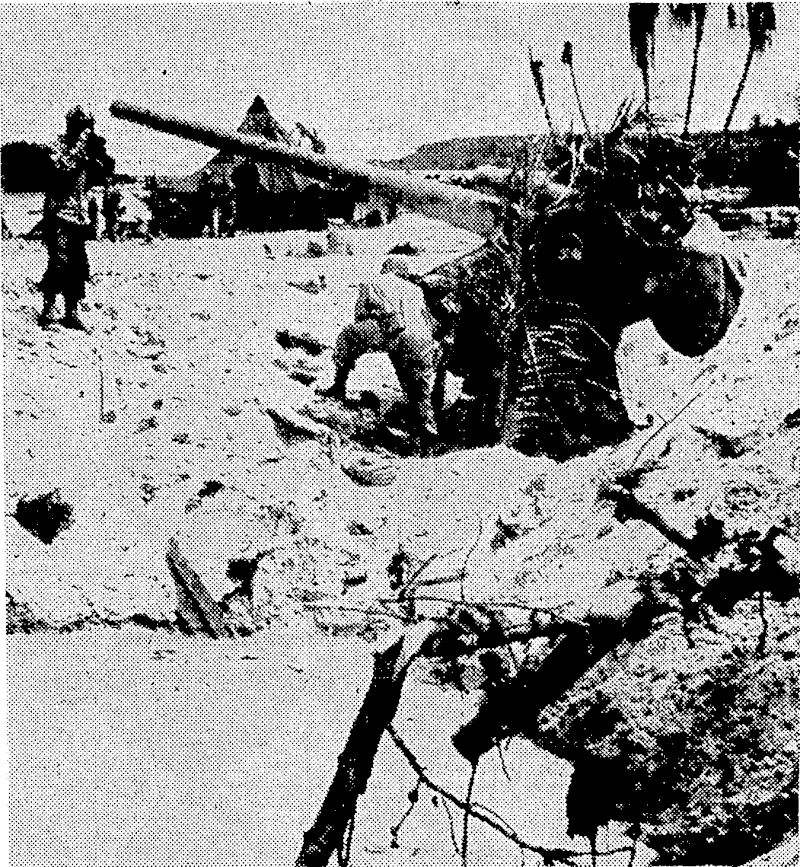 This Japanese coastal gun ivas put out of action when a Liberator dropped a bomb a few feet from it. The crater shows in the foregrounds l (Evening Post, 24 July 1944)