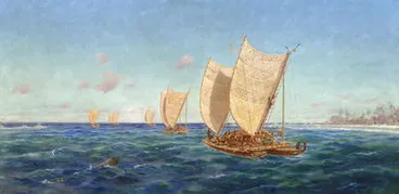 Image: Departure of the Six Canoes from Raratonga for New Zealand, AD1350