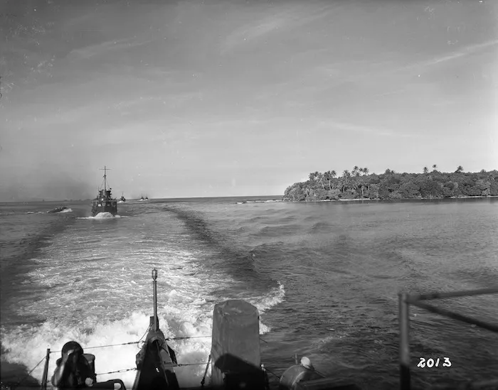 Convoy of New Zealand ships enters into the lagoon at Nissan Island, Papua New Guinea