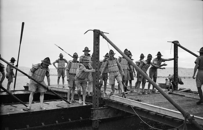 World War 2 New Zealand Engineers building a pontoon bridge in Egypt