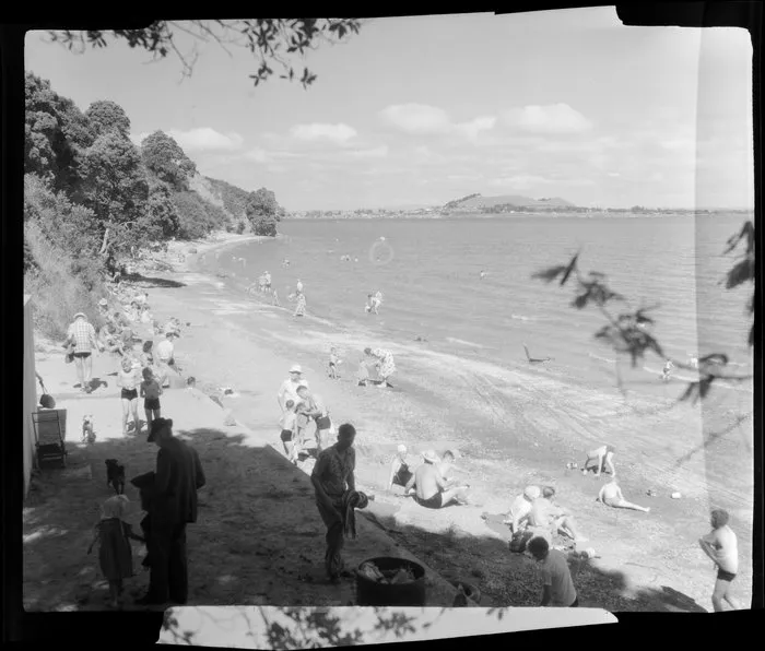 Beach scene, including bathers, Waikowhai Bay, Auckland