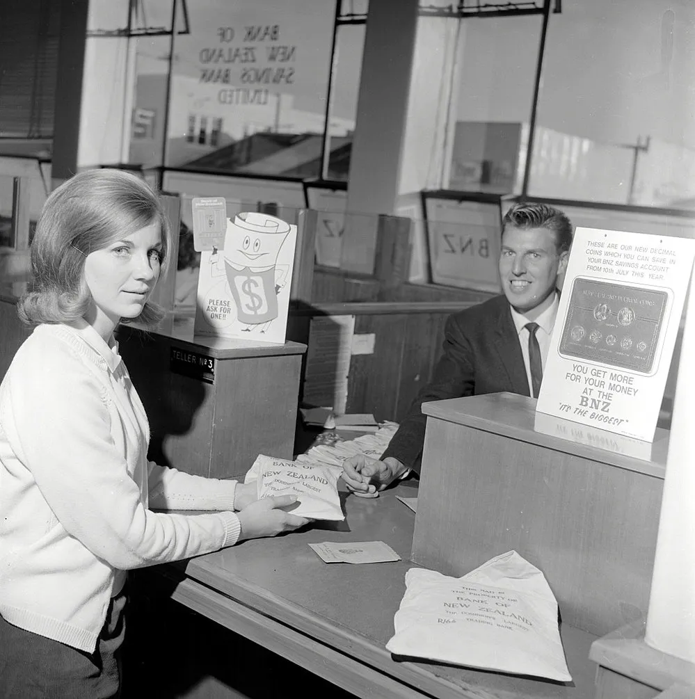 Training for decimal currency; Bank of New Zealand; ca. 1967
