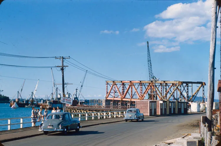 Southern anchorage of the Auckland Harbour Bridge under construction, 1957