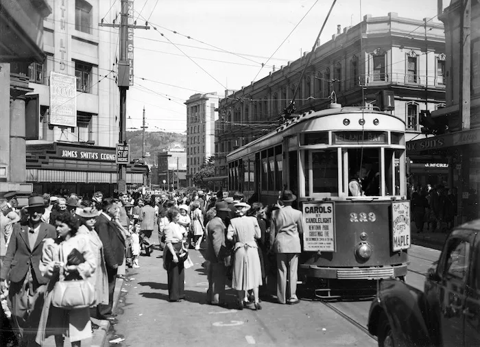 Pedestrians and tram, Manners Street, Wellington