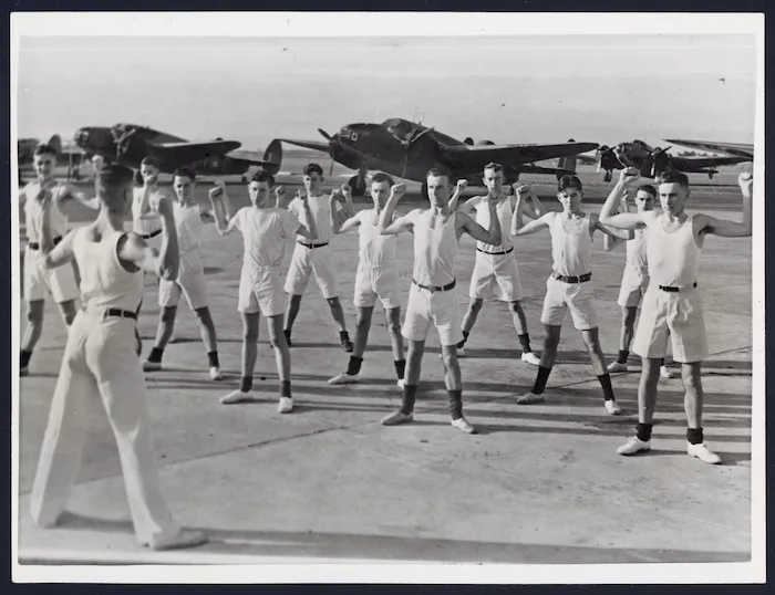 New Zealand Air Traing Corps cadets doing physical exercises