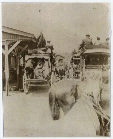 Image: My parents departing  for the West Coast on their honeymoon on a  Cobb & Co coach