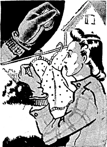 Image: sary. Keep a pair of old woollen gloves and when you hang your washing out put these on first and slip over them your rubber gloves. In this way you will find no difficulty in hanging out the laundry and your hands will be quite unaffected by the most bitter winds. (Evening Post, 19 June 1941)