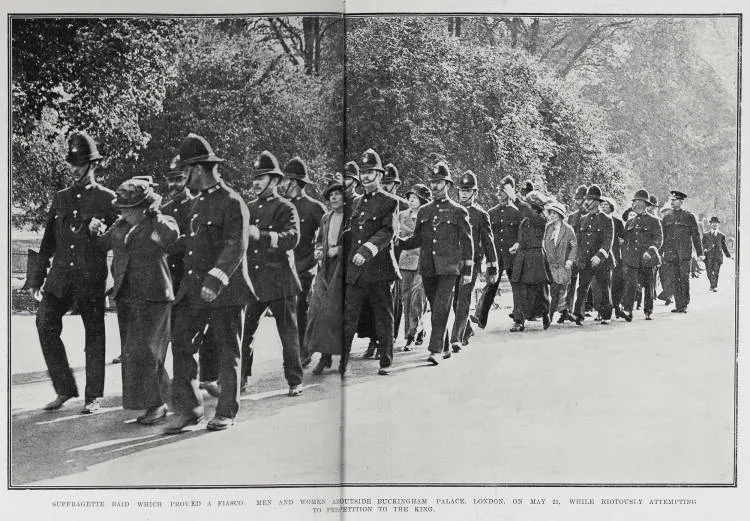 Suffragette raid which proved a fiasco, with men and women arrested outside Buckingham Palace, London, 21 May 1914 while riotously attempting to petition the King