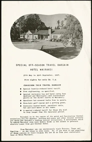 Image: Tourist Hotel Corporation of New Zealand (THC) :Special off-season travel bargain, Hotel Wairakai, 27th May to 30th September 1957.