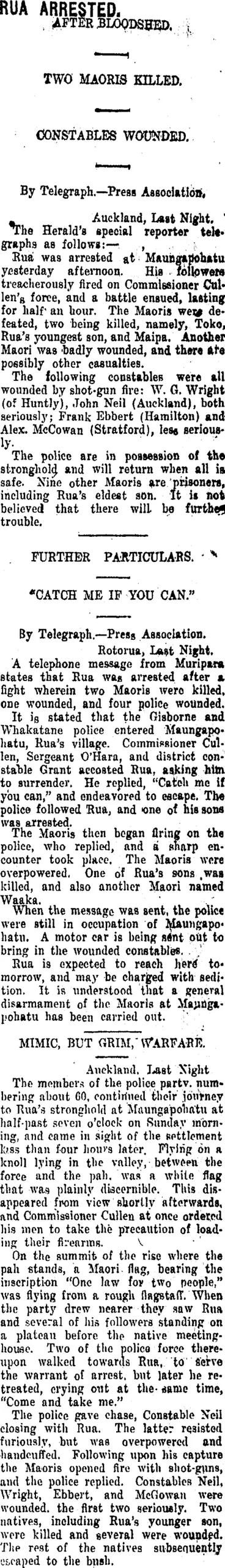 Image: RUA ARRESTED. (Taranaki Daily News 4-4-1916)