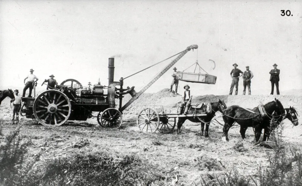 Hutt Valley history 30; erosion and flood protection; traction engine and crane on stop-bank