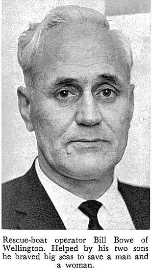 Rescue-boat operator Bill Bowe of Wellington. Helped by his two sons he braved big seas to save a man and a woman