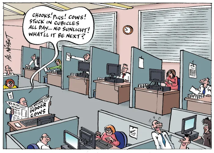 "Chooks! Pigs! Cows! Stuck in cubicles all day... no sunlight! What'll it be next?" 13 December 2009