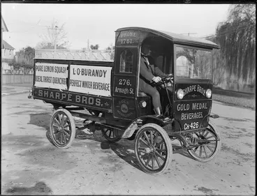 Image: Electric truck used by Sharpe Brothers, beverage merchants, Christchurch