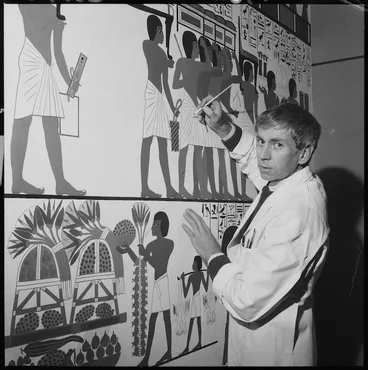 Image: Ross O'Rourke working on the Egyptian exhibit, Dominion Museum, Wellington, New Zealand