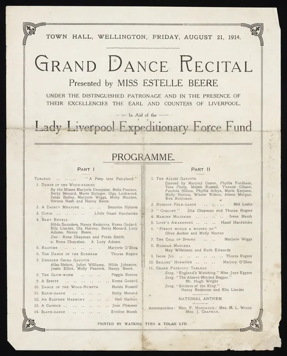 Grand dance recital presented by Miss Estelle Beere. Town Hall Wellington, Friday August 21, 1914. Programme. Printed by Watkins, Tyer & Tolan Ltd [1914]