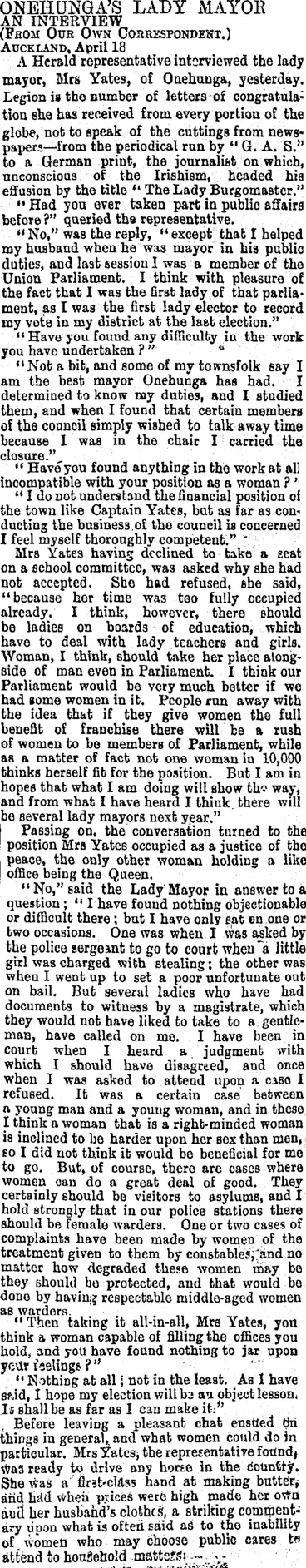 Image: ONEHUNGA'S LADY MAYOR. (Otago Daily Times 19-4-1894)