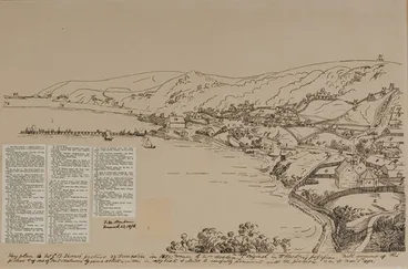 Image: Key plan to Mr G.B. Shaw’s picture of Dunedin in 1851. Drawn by Mrs Hocken in 1892.
