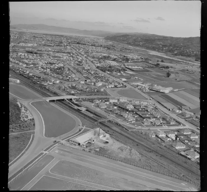 The suburb of Taita with Wingate Railway Station and Wingate Overbridge, looking south to Avalon and Lower Hutt City, Wellington Region