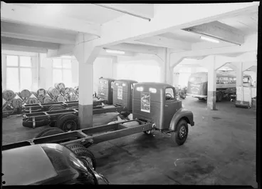 Image: Trucks on display in basement, Leyland Motors