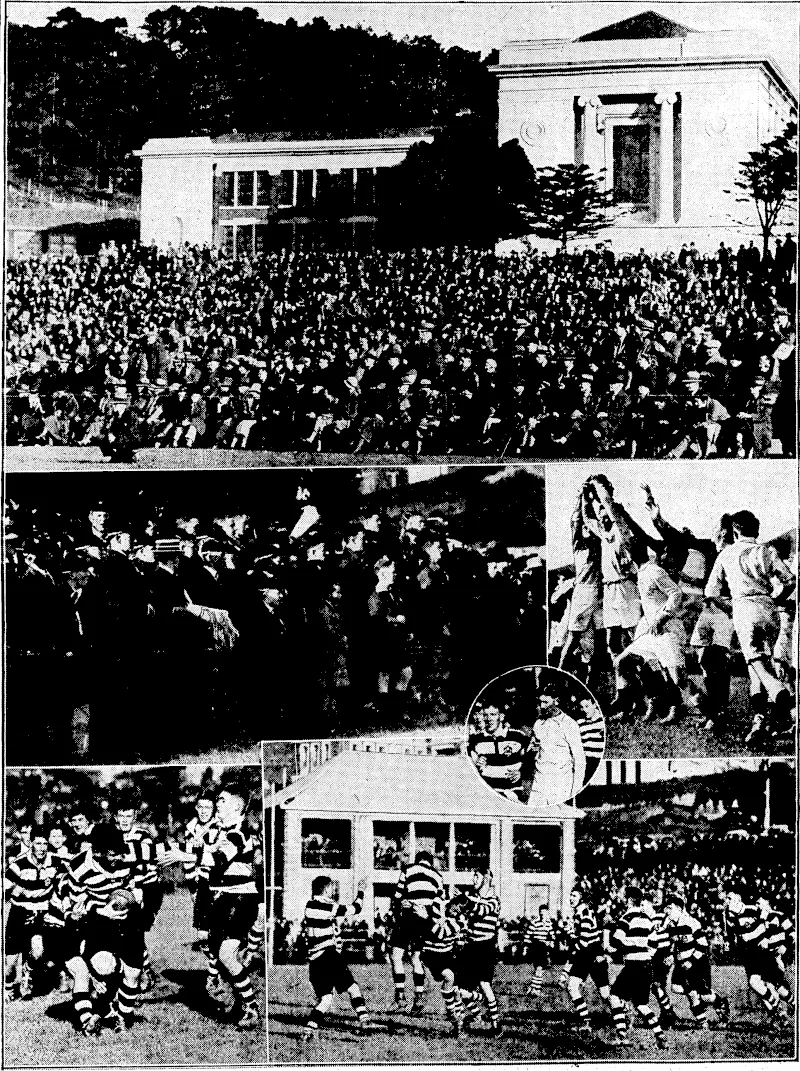 Evening Post" Photo. SCENES AND INCIDENTS DURING THE INTER-COLLEGIATE TOURNAMENT;—At top,: a view of a portion of the bank at Wellington College on Saturday afternoon during the inter-collegiate Rugby tournament. Middle row—Nelson College supporters, left, and a scramble for the ball in the Wellington College-Wanganui Collegiate School match. Below, incidents during the match, between Nelson and Christ's Colleges. Inset in circle, the referee in the Nelson-Christ's match, Mr. A. R. .'■■■ . Morris, looks on at play. (Evening Post, 21 August 1933)