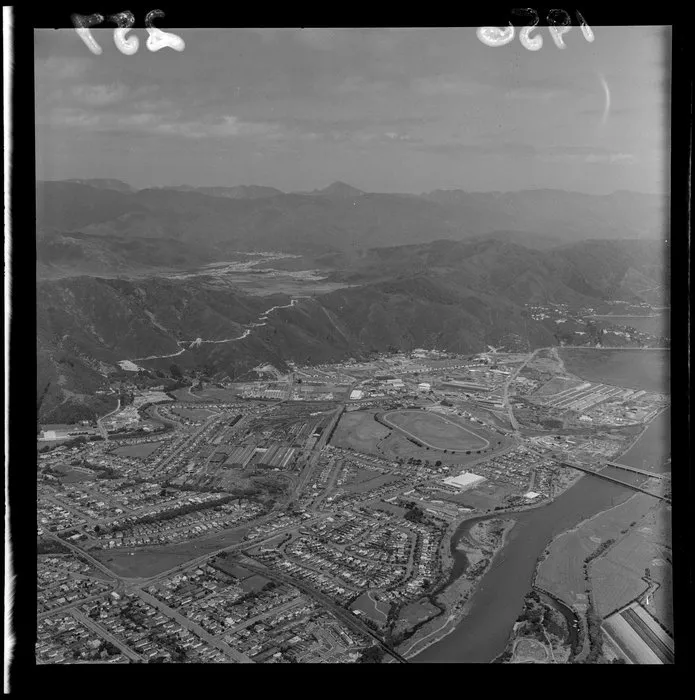 Aerial view of Lower Hutt and Wainuiomata including Hutt River, Seaview, Hutt Park Raceway and Wainuiomata Hill Road