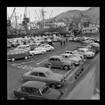 Image: Cars parked at Lyttelton Port for opening of the Christchurch - Lyttelton Road Tunnel, 1964.