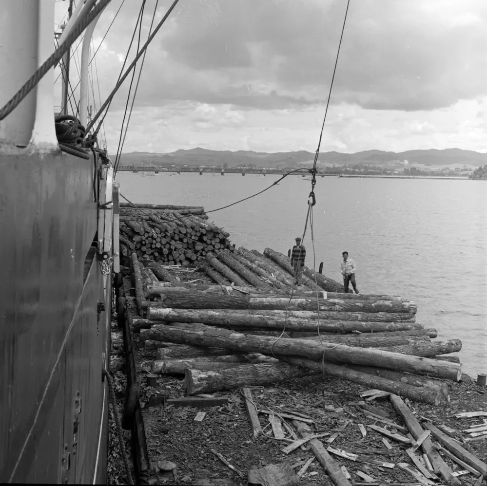 Matakana Island logs being loaded onto Japanese ship, 1960